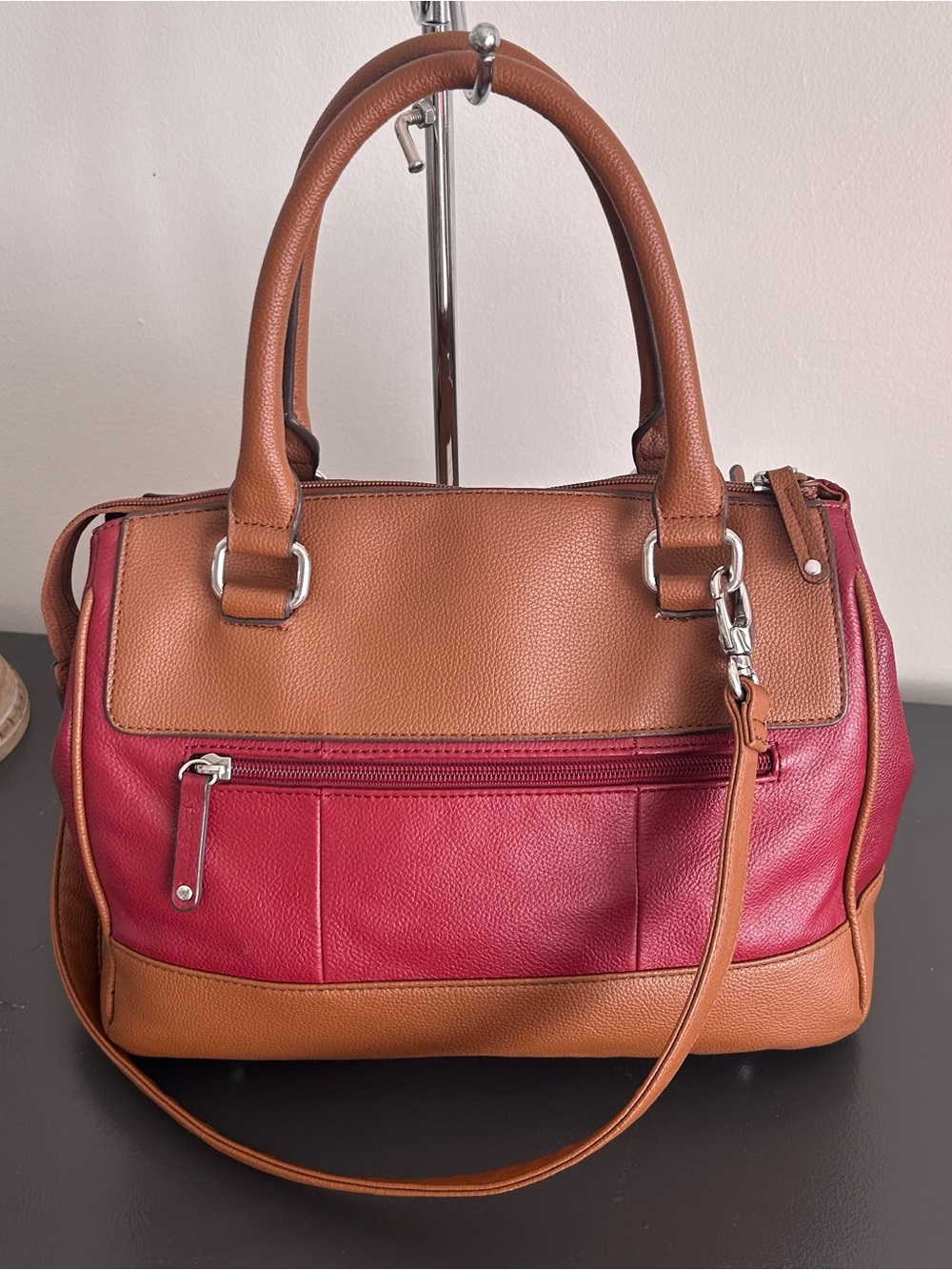 Tignanello Colorblock Leather Satchel Crossbody Brown Burgundy Pebbled Leather - Picture 9 of 14